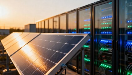 Solar panels reflecting sunset light next to illuminated network server racks in an outdoor data center environment.