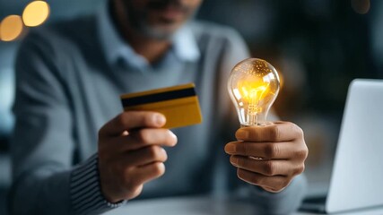 Hands holding credit card and phone with lightbulb payment innovation icon glowing creative fintech digital transaction secure e commerce laptop defocused background face not - Powered by Adobe