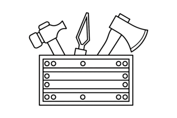 Craftsman's toolbox outline filled with tools, hammer, trowel, ruler, and hatchet, perfect for illustrating construction, repair, or handyman services