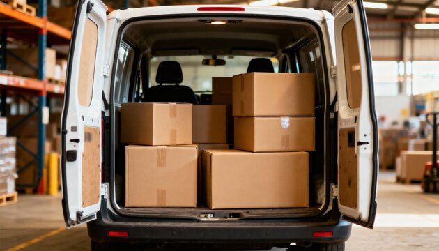 White delivery van loaded with brown cardboard boxes parked in a logistics warehouse setting with open rear doors.