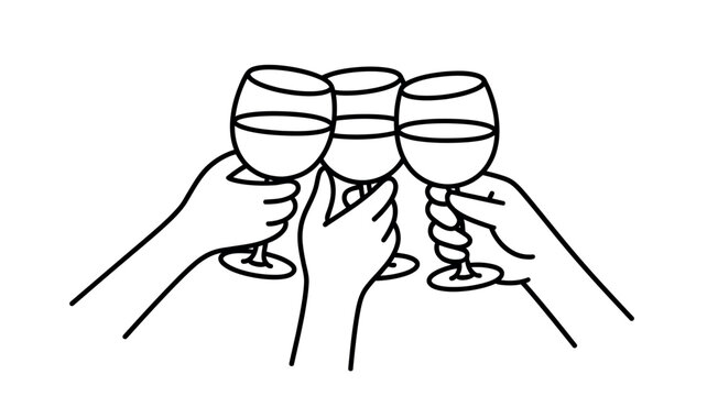 Three hands holding wine glasses in a toast, celebrating together.