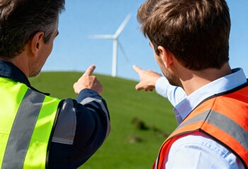 Two men in safety vests pointing at a wind turbine on a sunny green hillside, discussing renewable energy.