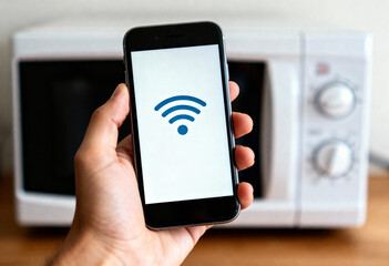 Hand holds a smartphone showing a Wi-Fi symbol, positioned in front of a white microwave oven, suggesting smart home connectivity.