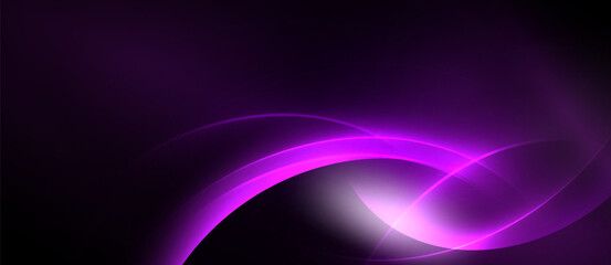 Abstract purple waves, glowing light, dark background. Smooth curves create dynamic visual effect. Modern design element.