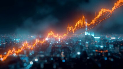 Glowing orange stock market candlestick chart rising over illuminated night city skyline - Powered by Adobe