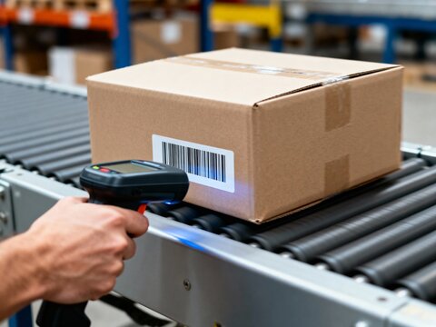 A hand scans a barcode on a cardboard box using a handheld scanner on a conveyor belt in a warehouse, logistics. - Powered by Adobe