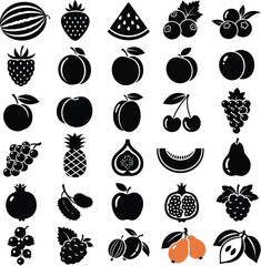 Black Silhouette Icons of 25 Fruits and Berries with Two Orange Pears Keywords: watermelon, strawberry, watermelon slice