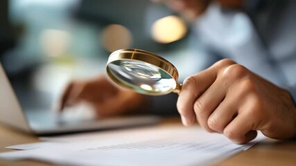 Hands holding magnifying glass over spreadsheet with lightbulb hidden insight revealed creative data mining digital analysis discovery laptop defocused face not shown with cop - Powered by Adobe