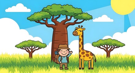Safari Adventure Cartoon Explorer with Giraffe and Baobab Tree Illustration