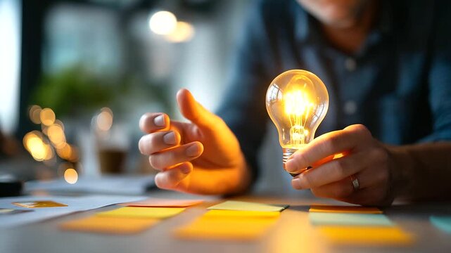 Faceless content creator arranging storyboard cards with central lightbulb idea creative campaign planning digital narrative strategy marketing storyline desk defocused behind