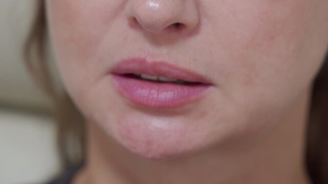 Human mouth, lips, and teeth. Lips part as the teeth chatter rapidly, creating a clicking and tapping sound. The woman looks cold or distressed, perhaps shivering from anxiety.