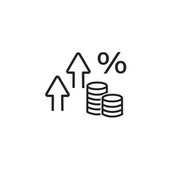 Interest Rate Growth Icon with Up Arrows and Coins.  Financial Increase and Percentage Icon Illustration. Profit Growth Symbol with Coins and Rising Arrows