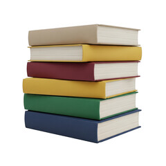 A stack of six different colored hardcover books piled high against a transparent background