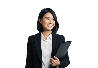 Smiling asian businesswoman in a sharp black suit and white shirt holding a folder isolated on transparent background