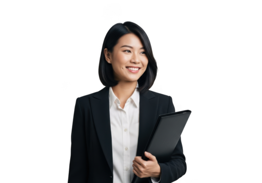 Smiling asian businesswoman in a sharp black suit and white shirt holding a folder isolated on transparent background