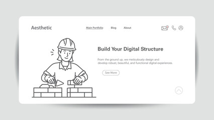 Construction worker building wall with bricks for digital structure website