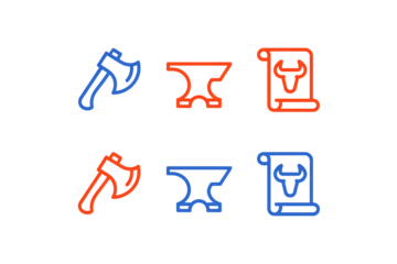 Bold neon icons of a forging axe, anvil, and bull scroll create a vibrant, modern design perfect for industrial, medieval, or historical themed projects