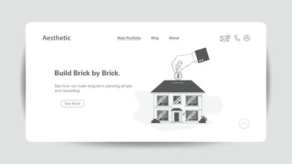 Hand placing coin into house illustration for financial planning website finance investment