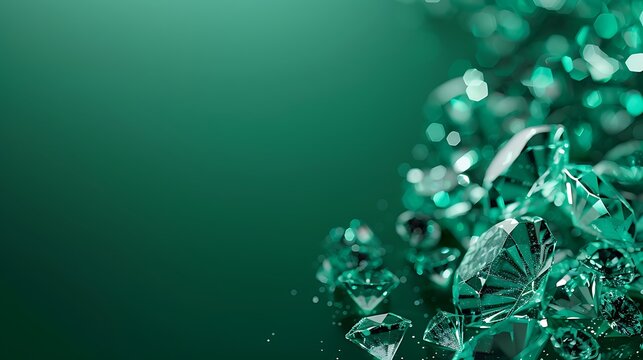 Close up of sparkling emerald gemstones scattered on a gradient green background surface design