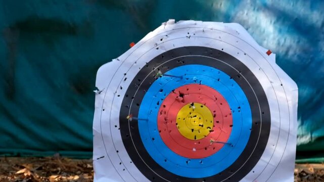 Slow motion video of an arrow shot into an archery target