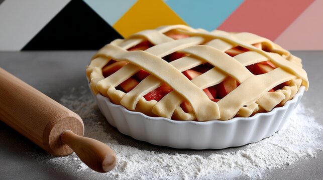 Pie with a lattice crust is sitting on a counter with a rolling pin. The pie is made of apples and has a golden crust - Powered by Adobe