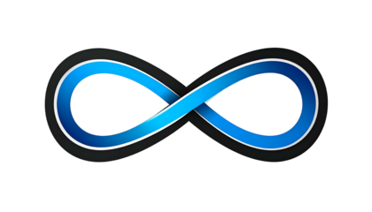 A stylized infinity symbol with a blue gradient and silver outline on a dark background