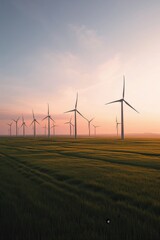Scenic view of wind turbines standing in a field during a sunset, generating clean energy.