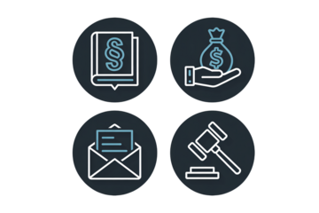 Legal compliance icons providing wealth management and justice with financial law, a comprehensive guide, and court system with business and financial strategy