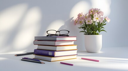 Minimalist Education Concept with Stacked Textbooks and Fresh Flowers
