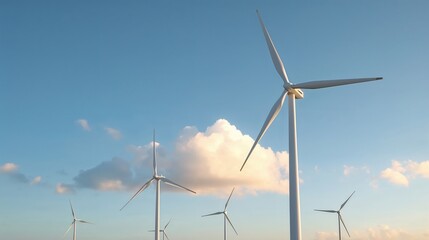 Fototapeta premium A panoramic view showcasing wind turbines silhouetted against a sky adorned with soft clouds.