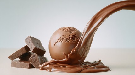 Scoop of chocolate ice cream is poured over a pile of chocolate chips. Concept of indulgence and pleasure, as the rich chocolate ice cream and chips are combined to create a delicious treat