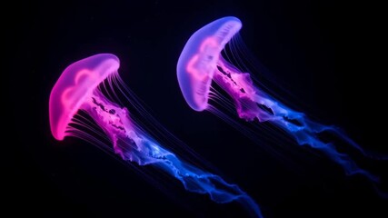 Two bioluminescent jellyfish floating in dark ocean water - Powered by Adobe