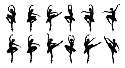 Elegant ballet dancer silhouettes performing various graceful poses.