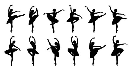 Elegant ballet dancer silhouettes performing various dance poses