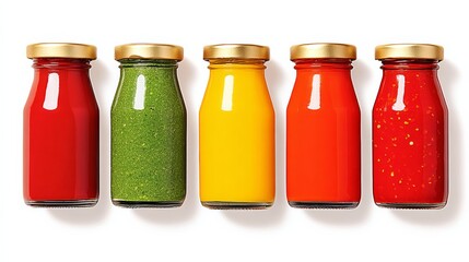 Five jars of different colored sauces are lined up on a white background. The jars are filled with various colors of sauce, including green, yellow, red, and orange. The jars are arranged in a row