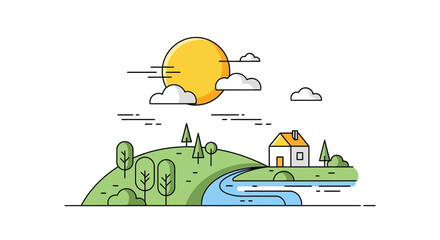 House on green hill, river, sun, clouds, nature, minimalist vector.