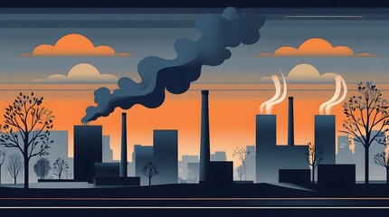 Minimalist Flat Design of Industrial City with Orange Sky and Smog