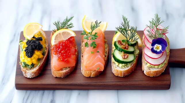Wooden tray with five different types of bread and vegetables. The breads are cut into small pieces and the vegetables are arranged on top. The tray is placed on a marble countertop