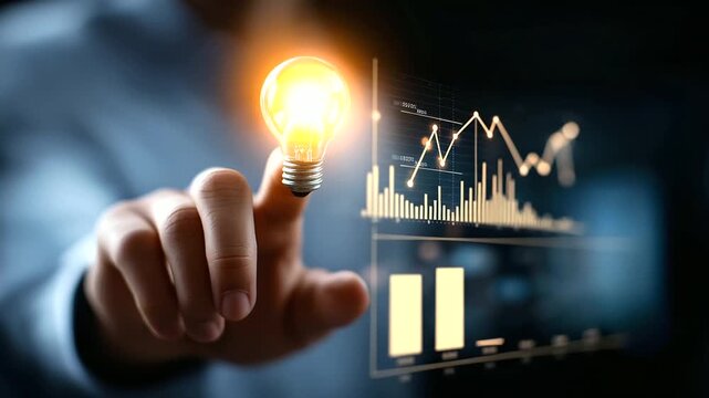 Business hand touching market trends dashboard with lightbulb opportunity identification creative strategic planning digital competitive analysis charts floating face not