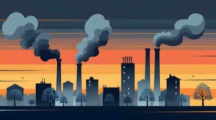 Geometric Vector Illustration of Smoking Chimneys and Environmental Pollution