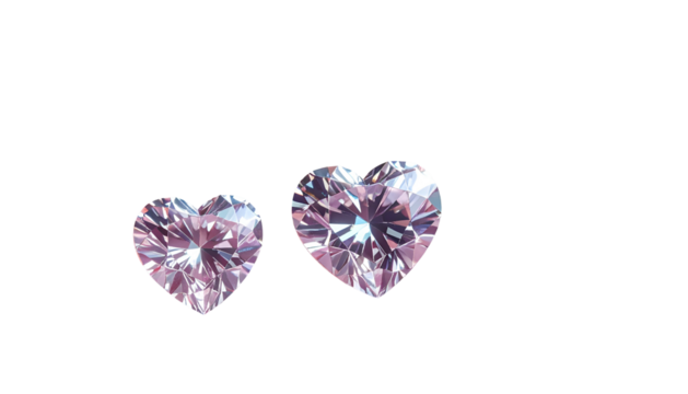 Two heart-shaped, shimmering, light-pink gems against a stark, black background