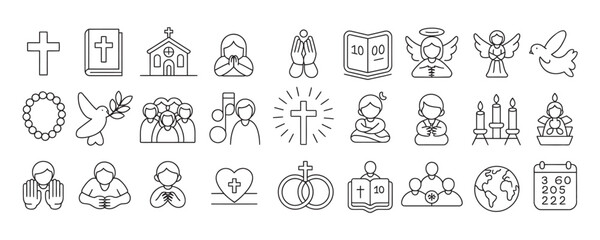 Elegant line art set of faith, hope, and love icons for web design or religious projects, creating a spiritual and uplifting theme with clean modern styling