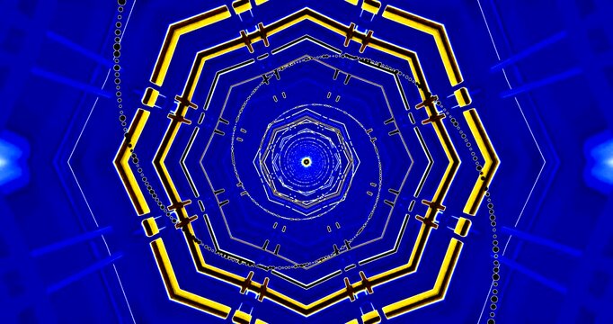 Seamless looping tunnel video VJ loop showcasing vibrant blue and yellow patterns