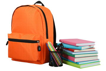 Trendy orange backpack paired with colorful books and pencils, ready for back to school, perfect for students and education promotions