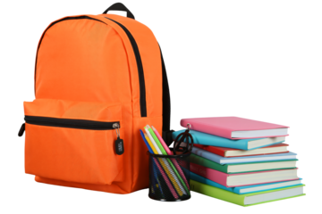 Trendy orange backpack paired with colorful books and pencils, ready for back to school, perfect for students and education promotions