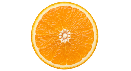 Cross-Section Slice of a Juicy Orange Fruit, Top View, Isolated on Black - Fresh Citrus, Vitamin C, Healthy Food