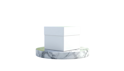 A white square box rests atop a marble pedestal against a stark black backdrop