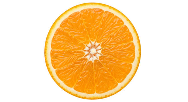 Cross-Section Slice of a Juicy Orange Fruit, Top View, Isolated on Black - Fresh Citrus, Vitamin C, Healthy Food