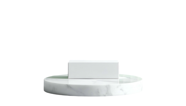 A white rectangular block stands atop a marble platform against a solid black backdrop