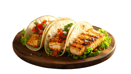 Three colorful tacos with grilled fish, salsa, and cilantro on a wooden plate